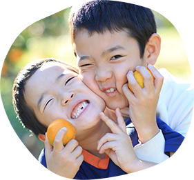 収穫したみかんを持ってじゃれ合う2人の男の子